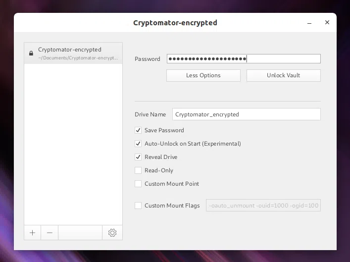 Cryptomator salvar senha e sinalizadores de montagem personalizados