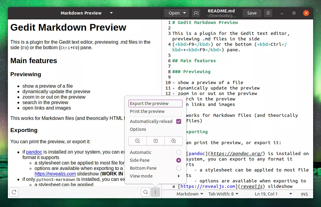 Gedit markdown menu