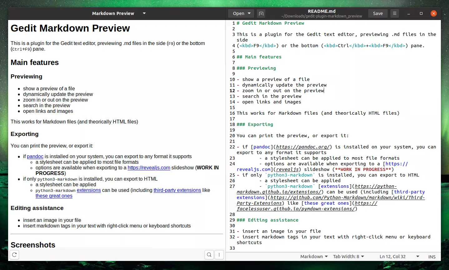 Plug-in de visualização do Gedit Markdown