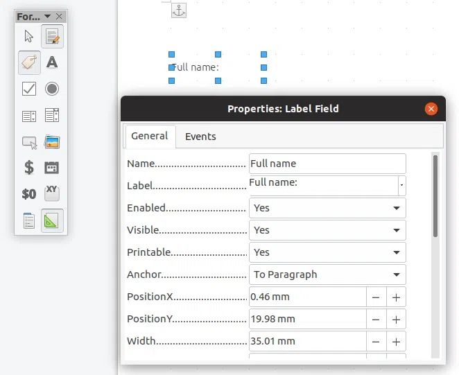 Campo de etiqueta de edição do LibreOffice