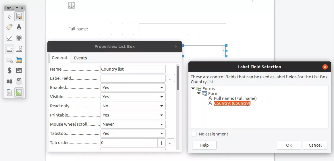 Caixa suspensa da lista de edição do Libreoffice