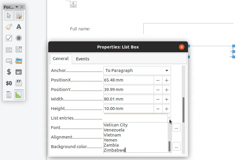 Caixa suspensa da lista de edição do Libreoffice