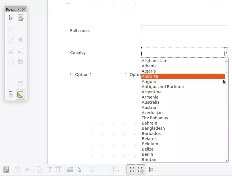 Menu suspenso do LibreOffice