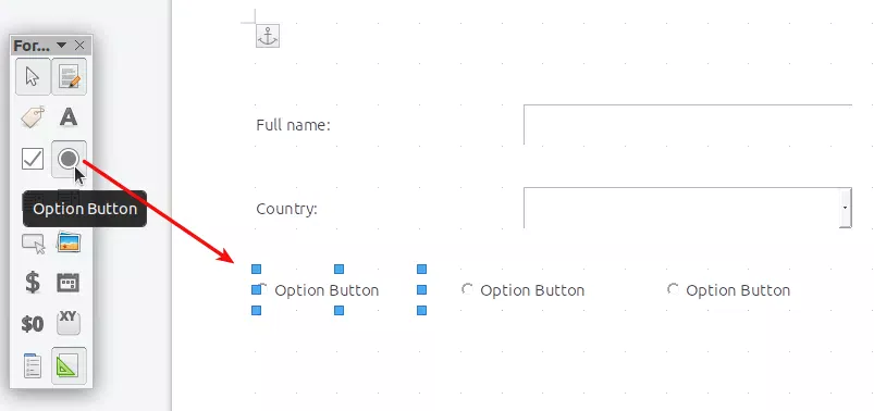 Botões de opção de botões de opção de inserção do LibreOffice