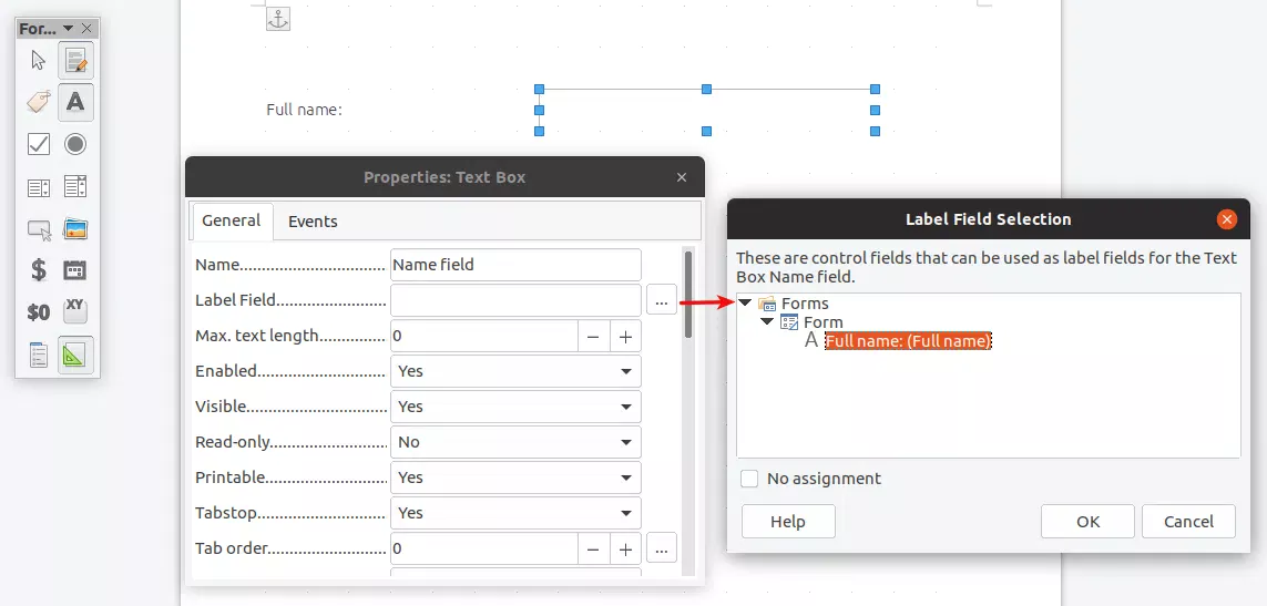 LibreOffice editar caixa de texto atribuir rótulo