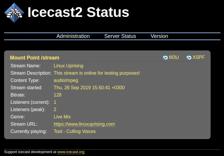Página de status do Icecast2