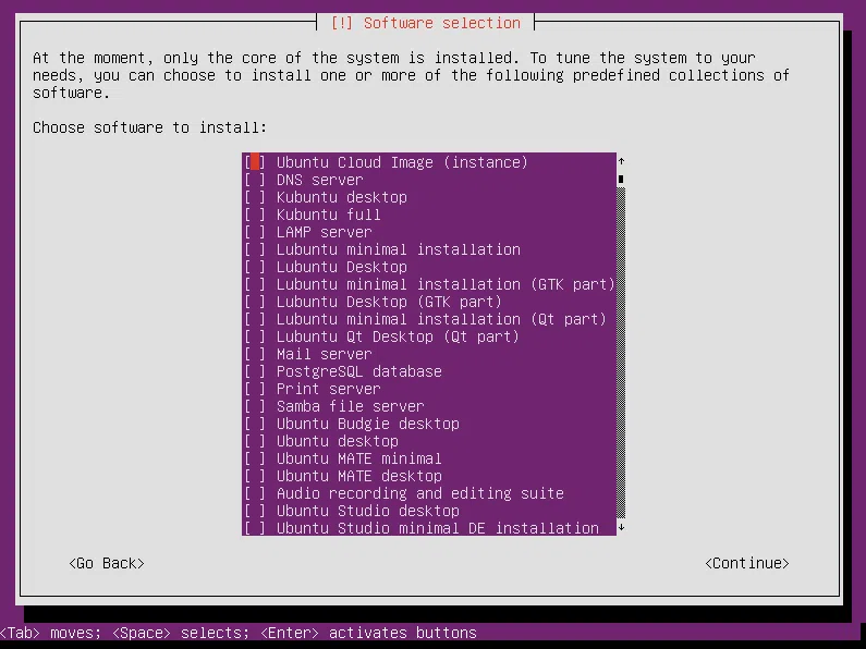 Ubuntu netboot installer escolher software para instalar