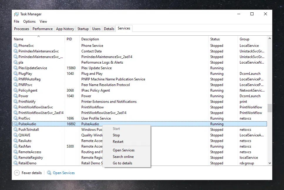 Windows Task Manager Services PulseAudio