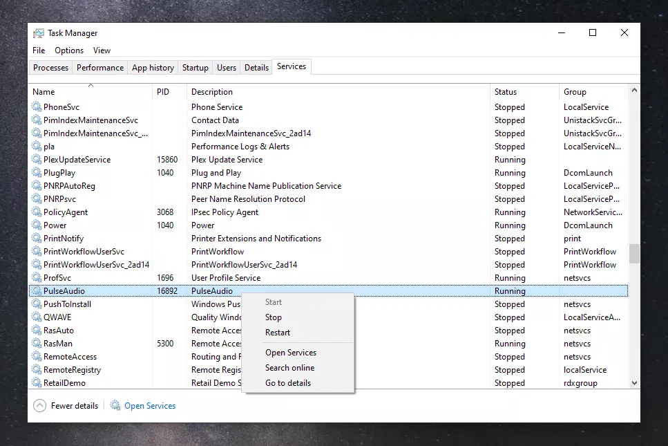 Windows Task Manager Services PulseAudio