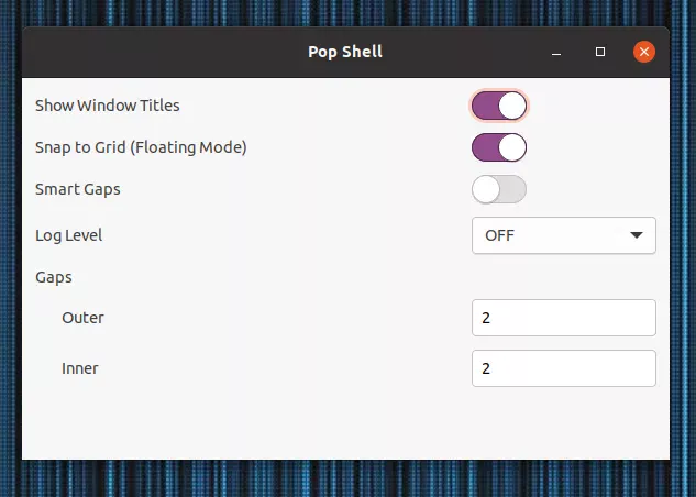 Definições de extensão Pop Shell