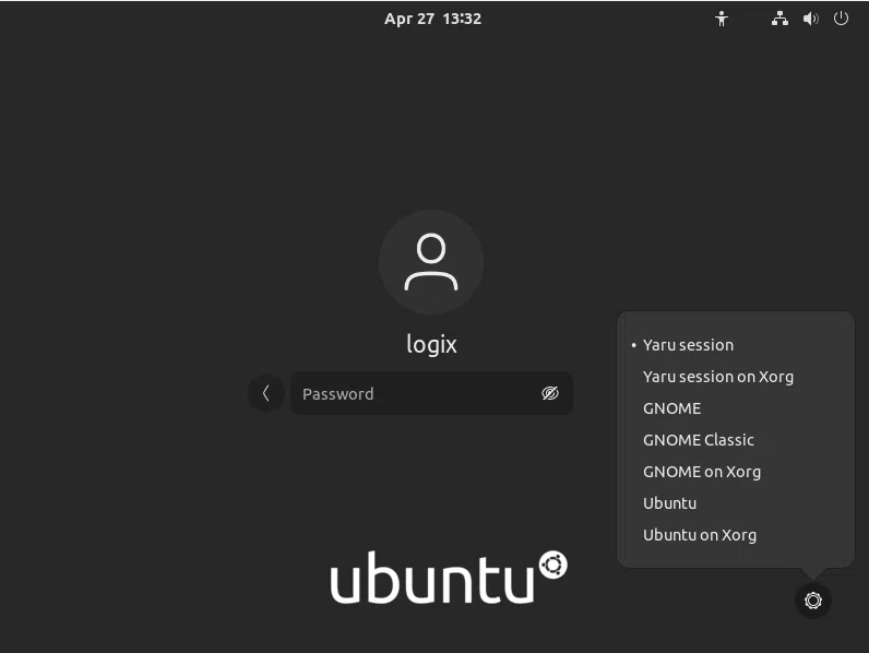 Lista de sessão GDM GNOME 40 Ubuntu 21.04