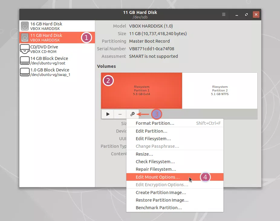 Discos Gnome Editar opções de montagem automontagem