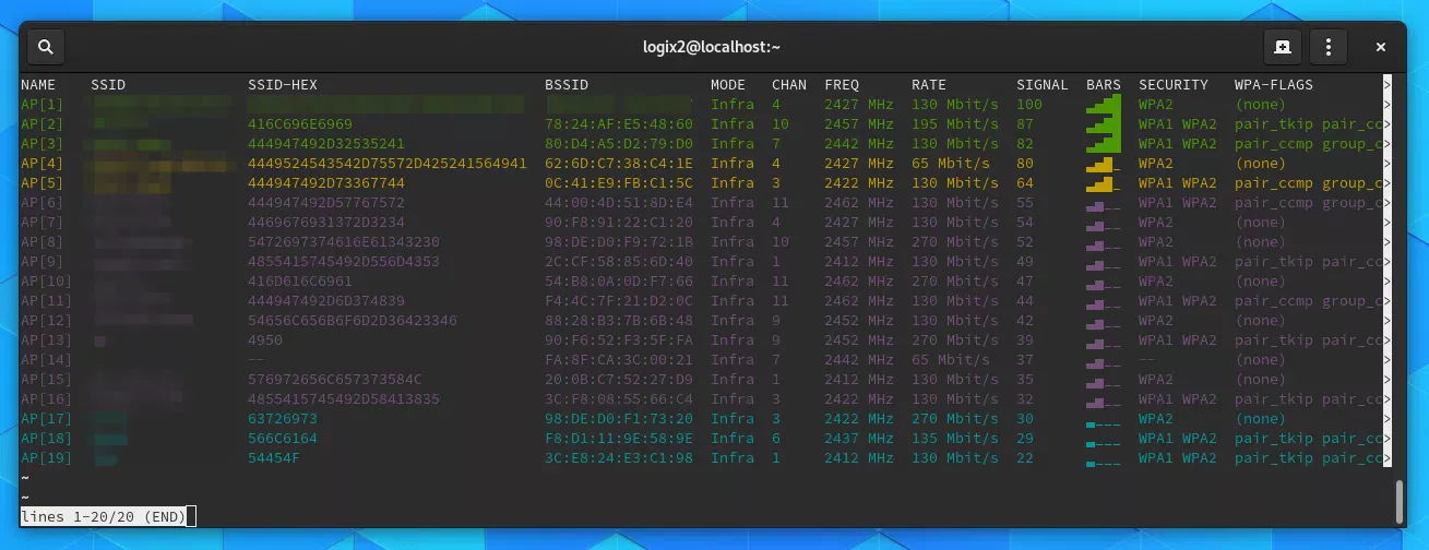 detalhes estendidos da varredura wi-fi nmcli