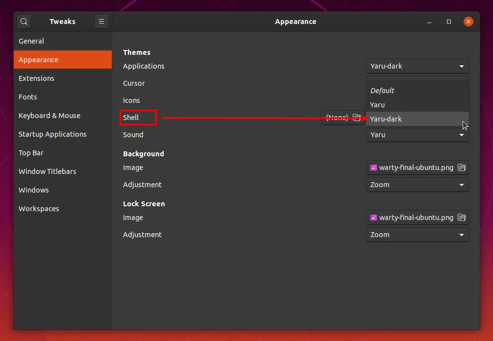 Alterar tema Yaru dark GNOME Shell