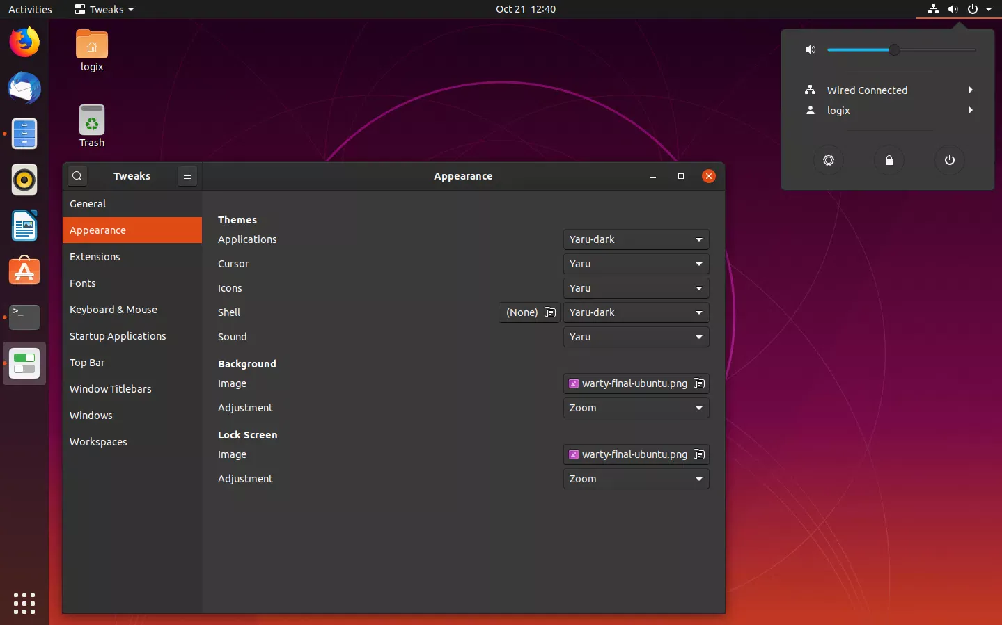 Menus escuros Yaru Ubuntu 19,10