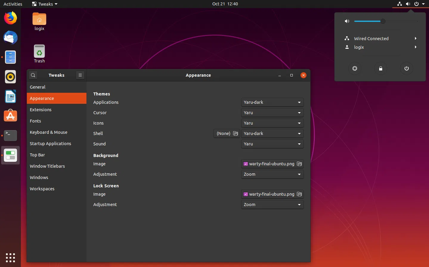 Menus escuros Yaru Ubuntu 19,10