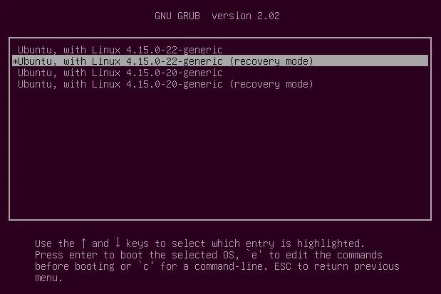 Modo de recuperação do Ubuntu grub