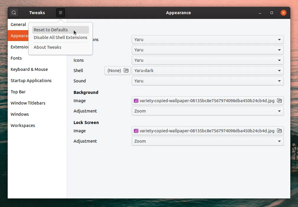 GNOME Tweaks redefinir configurações para o padrão
