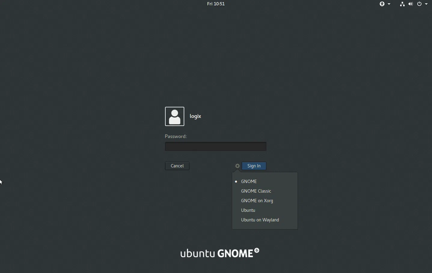 Sessão do gnome do Ubuntu GDM Login vanilla