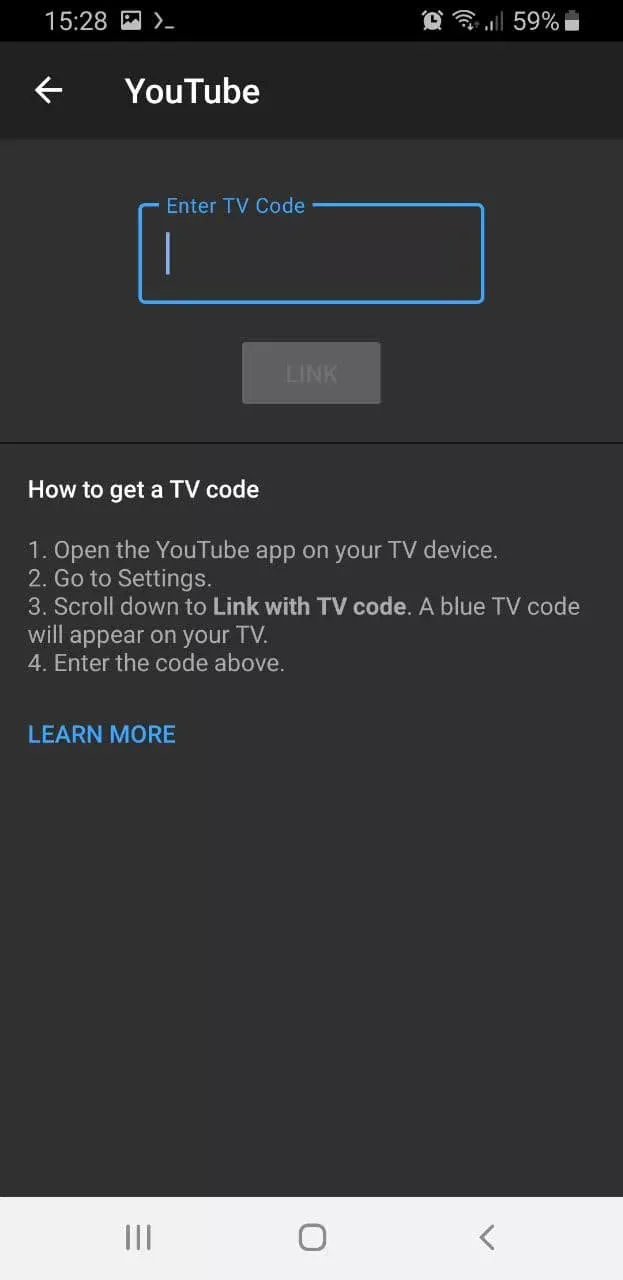 YouTube Android Digite o código