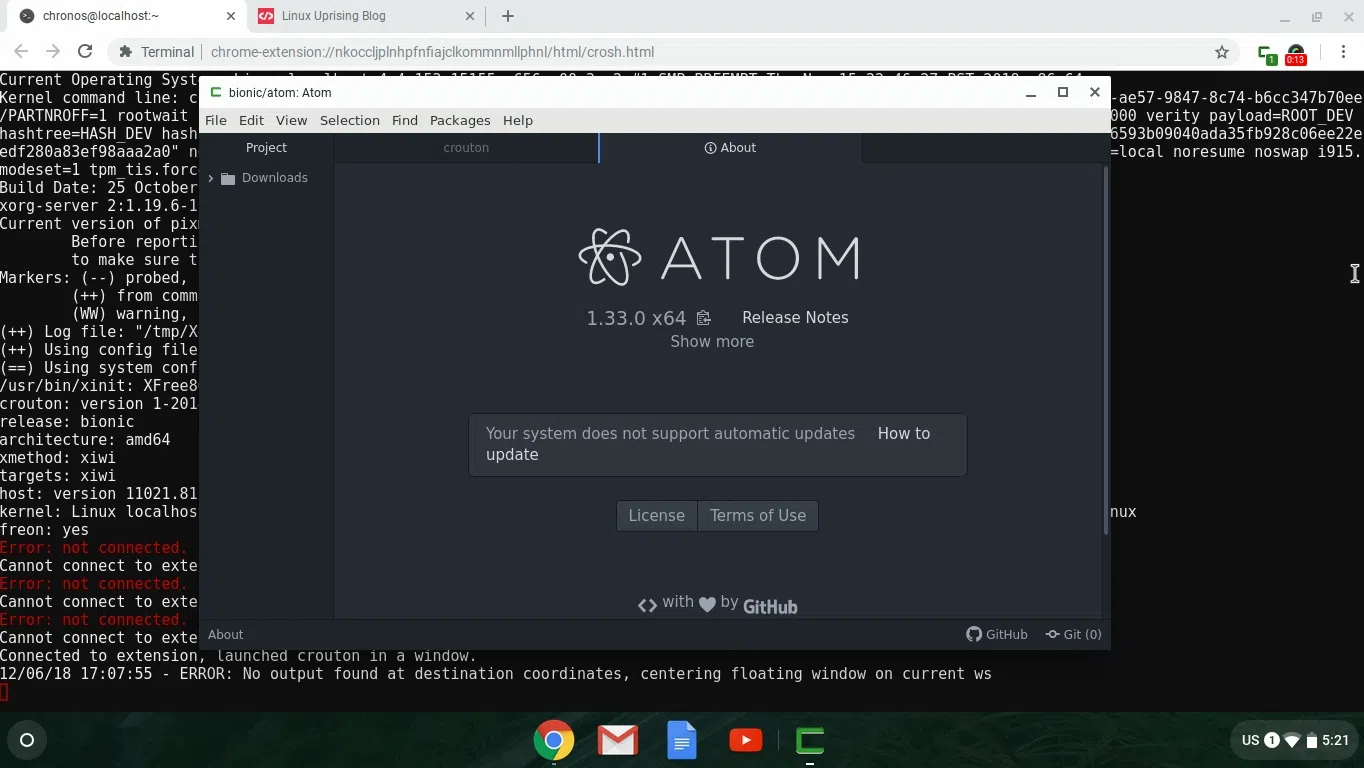 Editor Atom executado em uma janela do Chrome OS via Crouton