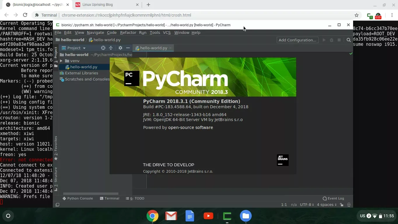 PyCharm em execução em uma janela do Chrome OS