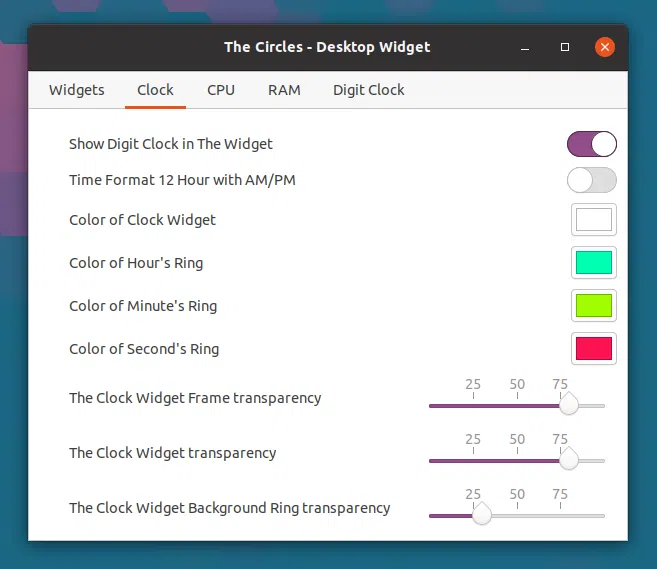 Configurações de widget