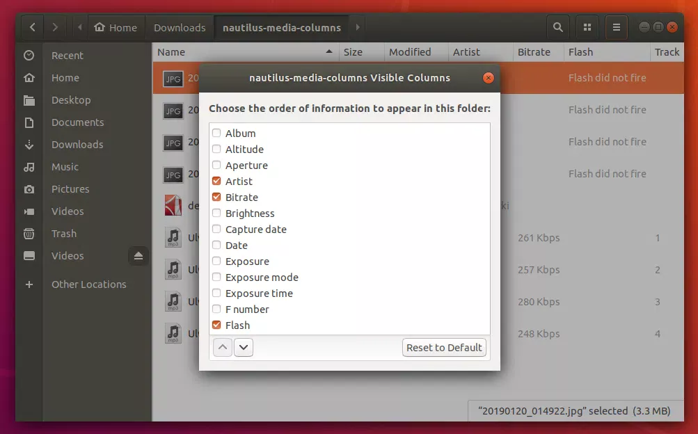 Visible Columns dialog Nautilus