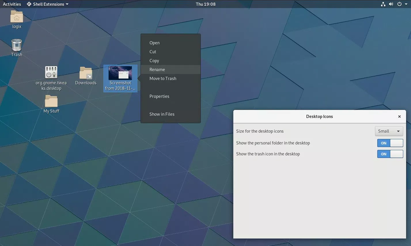 Extensão Desktop Icons Gnome Shell