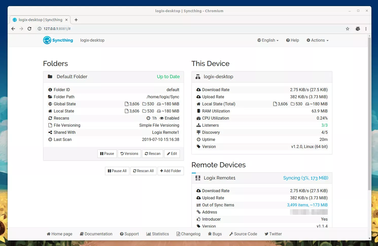 Syncthing 1.2.0 webui