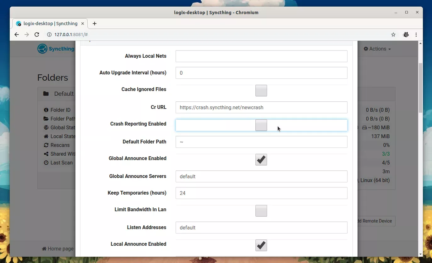 Syncthing desabilita relatório de falha automática