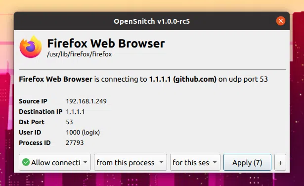 Diálogo de prompt de firewall de aplicativo OpenSnitch Linux