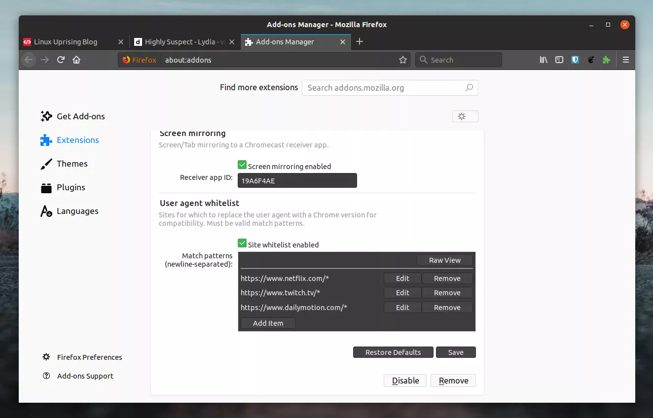 Configurações da extensão Firefox Chromecast