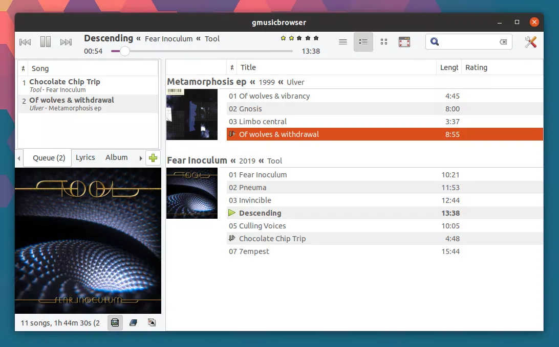 layout da área de trabalho do gmusicbrowser shimmer
