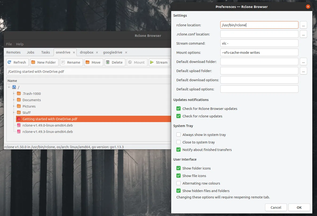 Configurações do navegador Rclone 1.6.0