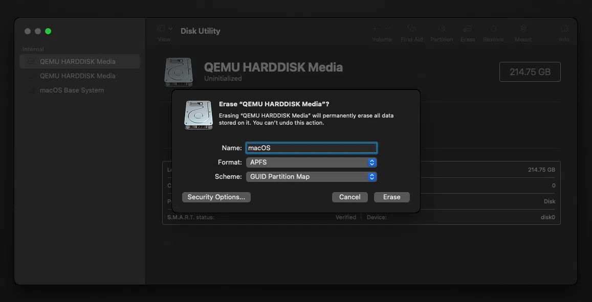Utilitário de disco de Docker de MacOS QEMU