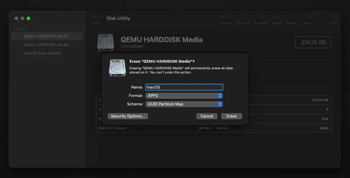Utilitário de disco de Docker de MacOS QEMU