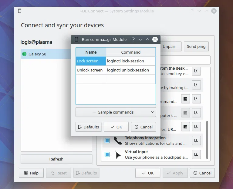 Comandos de conexão do KDE