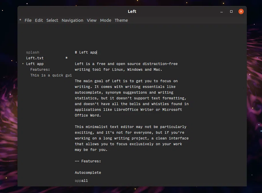 Editor de texto esquerdo para escritores