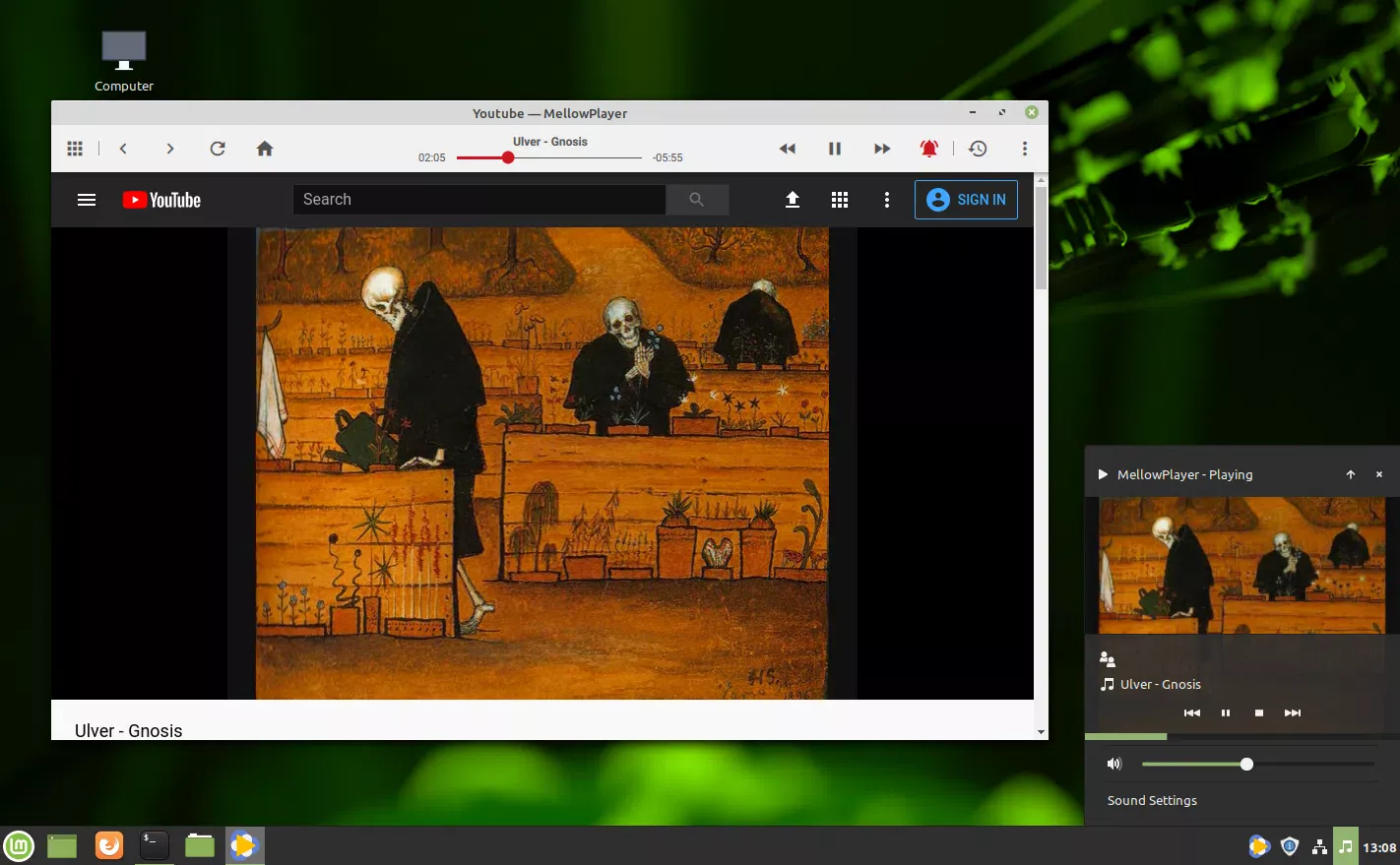 MellowPlayer Linux Mint menu de som