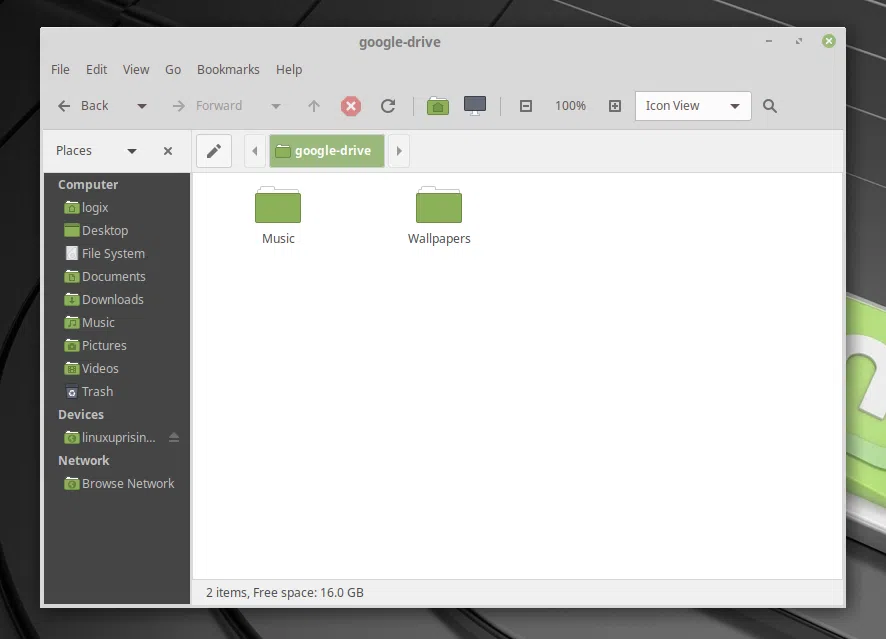 Google Drive montado em Caja (gerenciador de arquivos MATE padrão) usando Gnome Online Accounts/Linux Mint 19 MATE