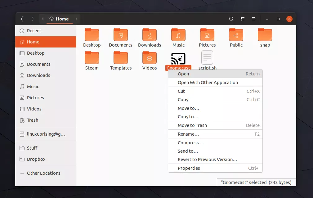 Nautilus com menu em um arquivo