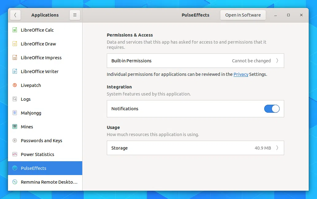 Permissões do aplicativo GNOME 3.32