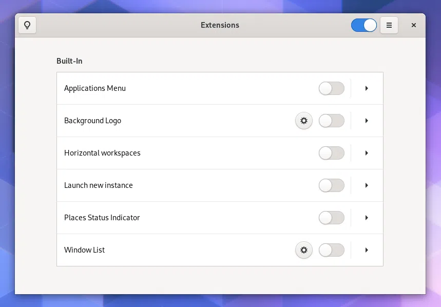 Novo aplicativo GNOME Shell 3.36 Extensions