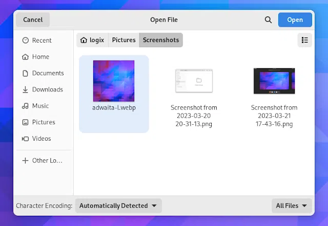 Miniaturas do seletor de arquivos de visualização de grade do GNOME 44 GTK4