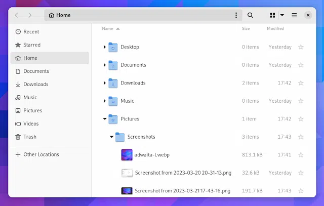 GNOME 44 arquivos nautilus pastas expansíveis