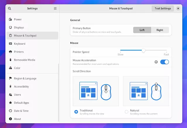 Configurações do mouse e touchpad do GNOME 44