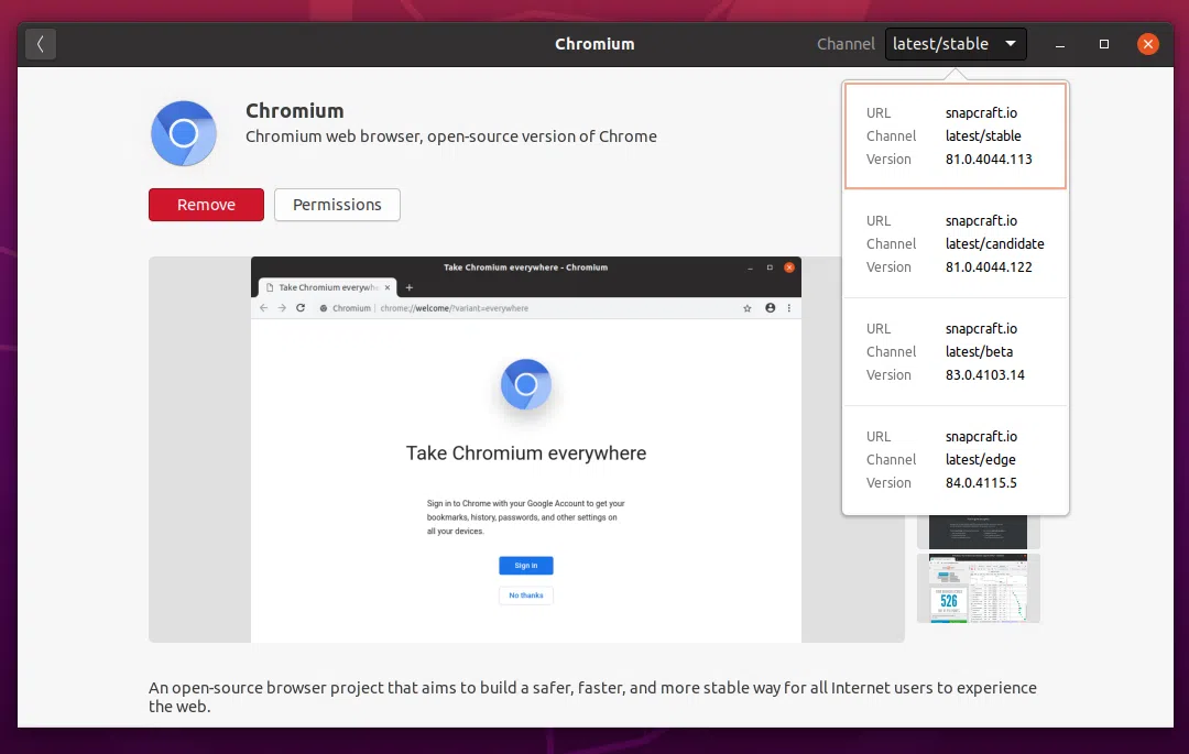 Ubuntu Software snap channel picker