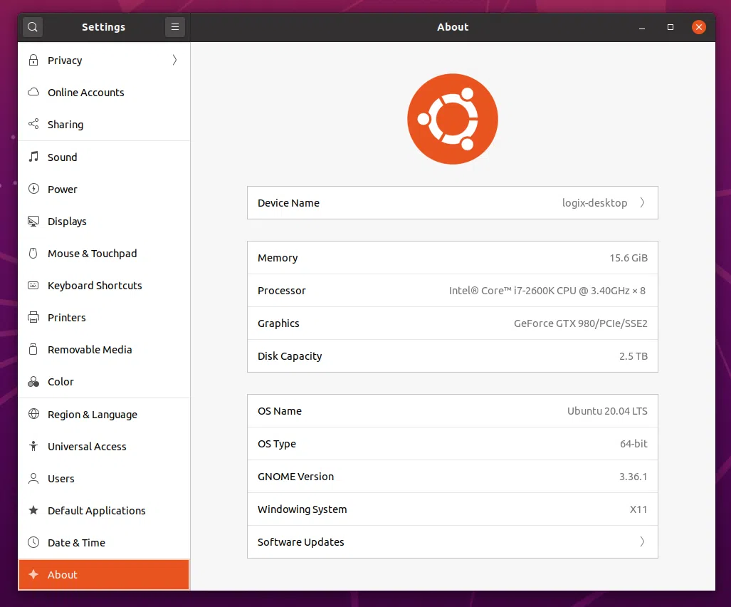 Ubuntu 20.04 screenshots about settings