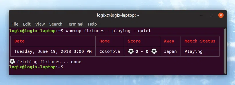 Pontuação da linha de comando da copa do mundo da FIFA